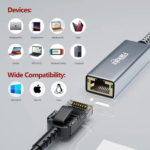 Alt view image 4 of 7 - USB C to Gigabit Ethernet Adapter, RJ45 Type C Ethernet Converter, USB-C LAN Card NIC Adapter Supports Thunderbolt 3/4 for iPhone 15, Mac, MacBook Pro/Air, Laptop