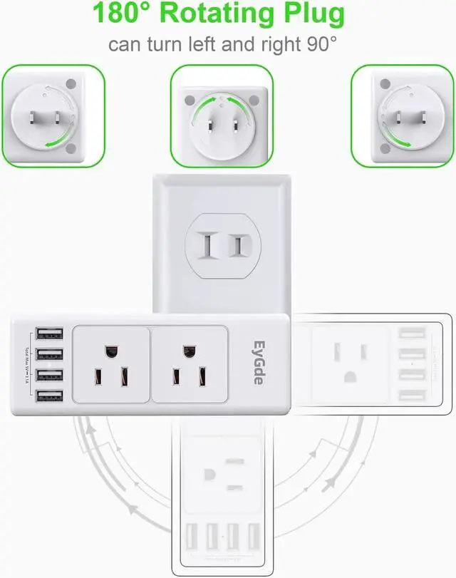 Alt view image 2 of 7 - 2 Prong Power Strip with Rotating Plug, EyGde Multi Plug Outlet Extender, Multiple Outlet Splitter(3 Sided 6 Sockets) and 4 USB Ports, Wall Adapter Surge Protector (1700J) for Travel, Office, White
