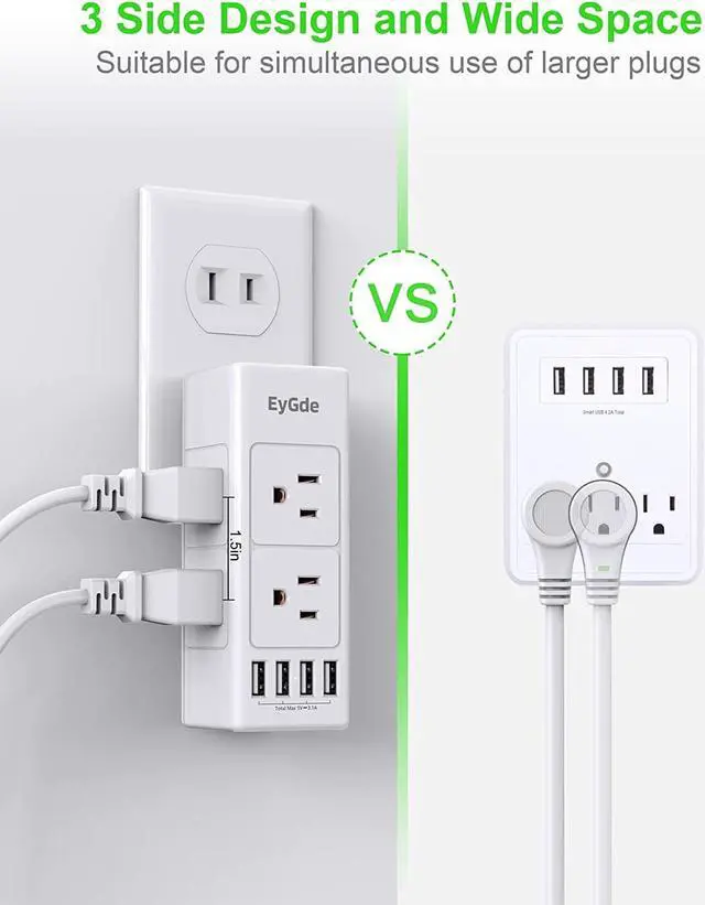 Alt view image 4 of 7 - 2 Prong Power Strip with Rotating Plug, EyGde Multi Plug Outlet Extender, Multiple Outlet Splitter(3 Sided 6 Sockets) and 4 USB Ports, Wall Adapter Surge Protector (1700J) for Travel, Office, White