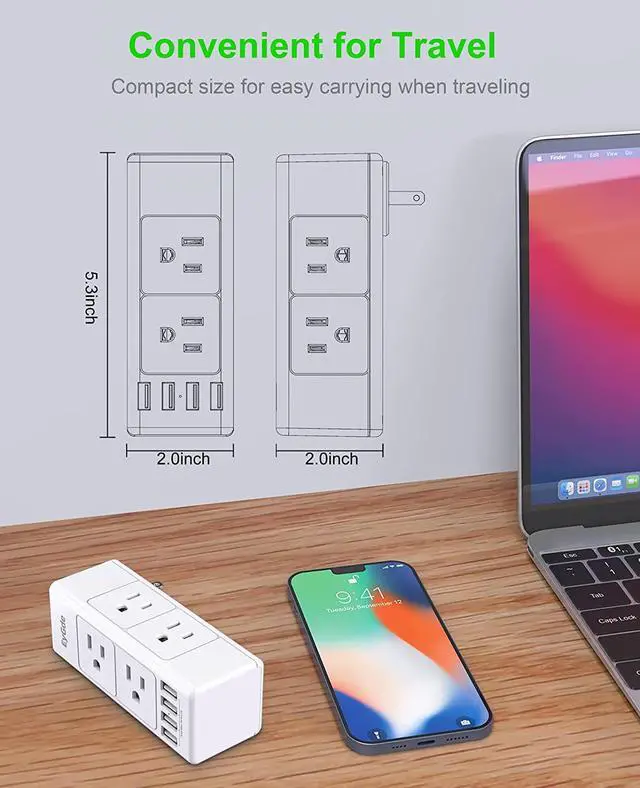 Alt view image 7 of 7 - 2 Prong Power Strip with Rotating Plug, EyGde Multi Plug Outlet Extender, Multiple Outlet Splitter(3 Sided 6 Sockets) and 4 USB Ports, Wall Adapter Surge Protector (1700J) for Travel, Office, White