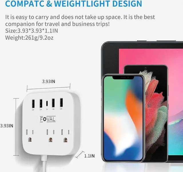 Alt view image 6 of 7 - European Travel Plug Adapter, FOVAL EU UK US Power Strip with USB C and 4 USB Ports, 3 AC Outlets, Wall Mountable, 5ft Extension Cord, Compact for Travel, Cruise Ship, Home Office (White)