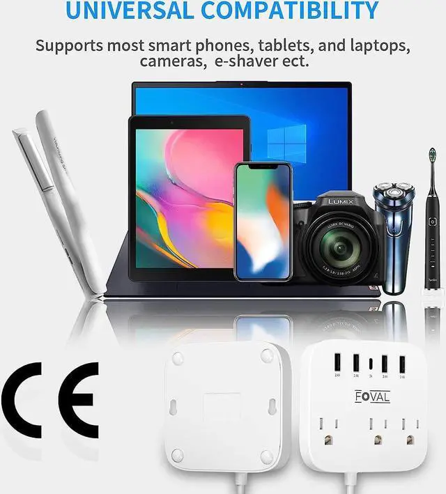 Alt view image 7 of 7 - European Travel Plug Adapter, FOVAL EU UK US Power Strip with USB C and 4 USB Ports, 3 AC Outlets, Wall Mountable, 5ft Extension Cord, Compact for Travel, Cruise Ship, Home Office (White)