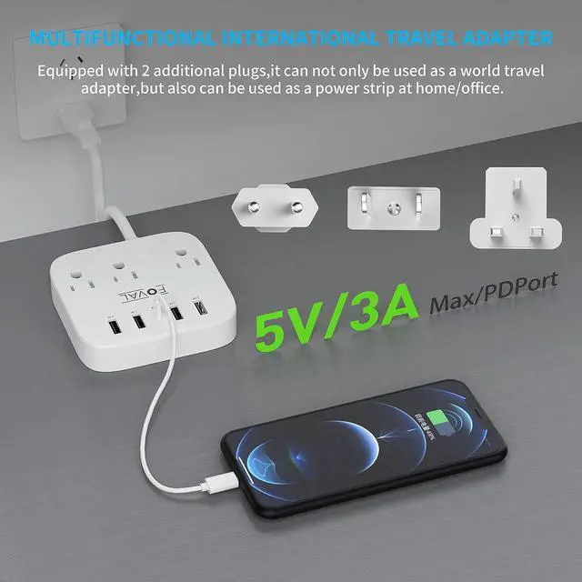 Alt view image 5 of 7 - European Travel Plug Adapter, FOVAL EU UK US Power Strip with USB C and 4 USB Ports, 3 AC Outlets, Wall Mountable, 5ft Extension Cord, Compact for Travel, Cruise Ship, Home Office (White)