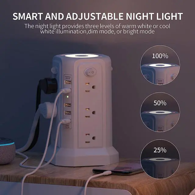 Alt view image 2 of 7 - Surge Protector Power Strip Tower with 5 USB Ports and Night Light, 10FT Extension Cord with 12 AC Multiple Outlets, PASSUS Power Tower, Overload Protection for Home Office Dorm Room (White)