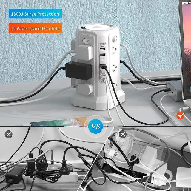 Alt view image 3 of 7 - Surge Protector Power Strip Tower with 5 USB Ports and Night Light, 10FT Extension Cord with 12 AC Multiple Outlets, PASSUS Power Tower, Overload Protection for Home Office Dorm Room (White)