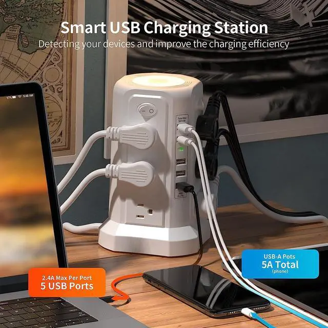 Alt view image 4 of 7 - Surge Protector Power Strip Tower with 5 USB Ports and Night Light, 10FT Extension Cord with 12 AC Multiple Outlets, PASSUS Power Tower, Overload Protection for Home Office Dorm Room (White)