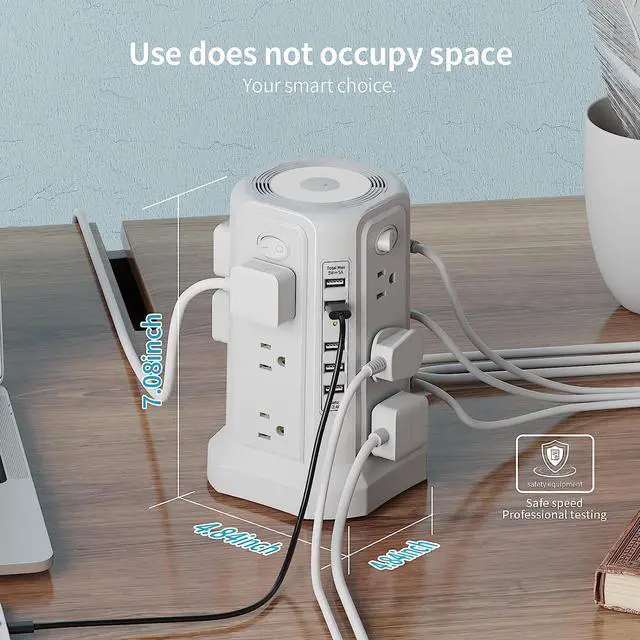 Alt view image 5 of 7 - Surge Protector Power Strip Tower with 5 USB Ports and Night Light, 10FT Extension Cord with 12 AC Multiple Outlets, PASSUS Power Tower, Overload Protection for Home Office Dorm Room (White)