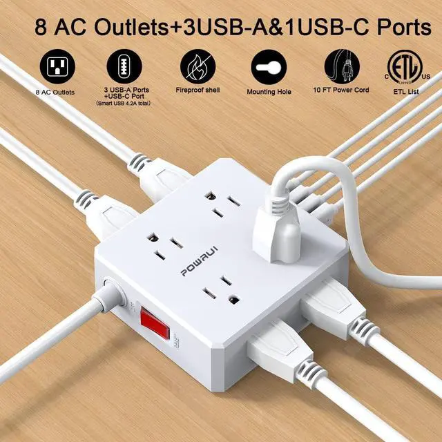Alt view image 2 of 7 - 10Ft Surge Protector Power Strip - Flat Plug Extension Cord with 8 Widely Outlets and 4 USB Ports(1 USB C), 3 Side Outlet Extender for Home Office Dorm Room Essentials, WhiteETL Listed