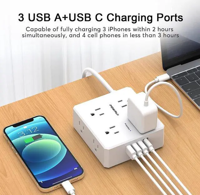 Alt view image 3 of 7 - 10Ft Surge Protector Power Strip - Flat Plug Extension Cord with 8 Widely Outlets and 4 USB Ports(1 USB C), 3 Side Outlet Extender for Home Office Dorm Room Essentials, WhiteETL Listed
