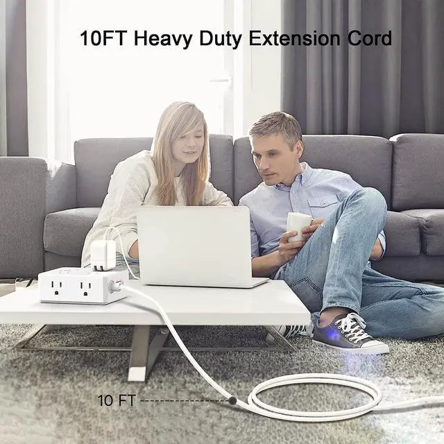 Alt view image 4 of 7 - 10Ft Surge Protector Power Strip - Flat Plug Extension Cord with 8 Widely Outlets and 4 USB Ports(1 USB C), 3 Side Outlet Extender for Home Office Dorm Room Essentials, WhiteETL Listed