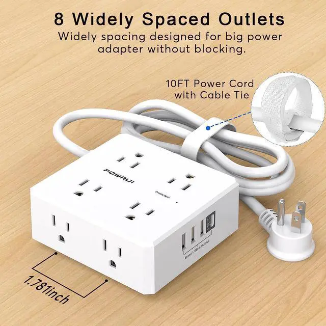 Alt view image 5 of 7 - 10Ft Surge Protector Power Strip - Flat Plug Extension Cord with 8 Widely Outlets and 4 USB Ports(1 USB C), 3 Side Outlet Extender for Home Office Dorm Room Essentials, WhiteETL Listed