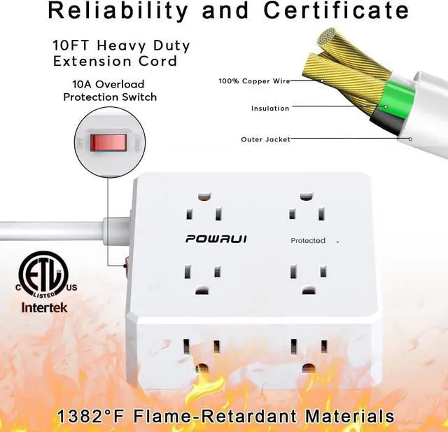 Alt view image 6 of 7 - 10Ft Surge Protector Power Strip - Flat Plug Extension Cord with 8 Widely Outlets and 4 USB Ports(1 USB C), 3 Side Outlet Extender for Home Office Dorm Room Essentials, WhiteETL Listed