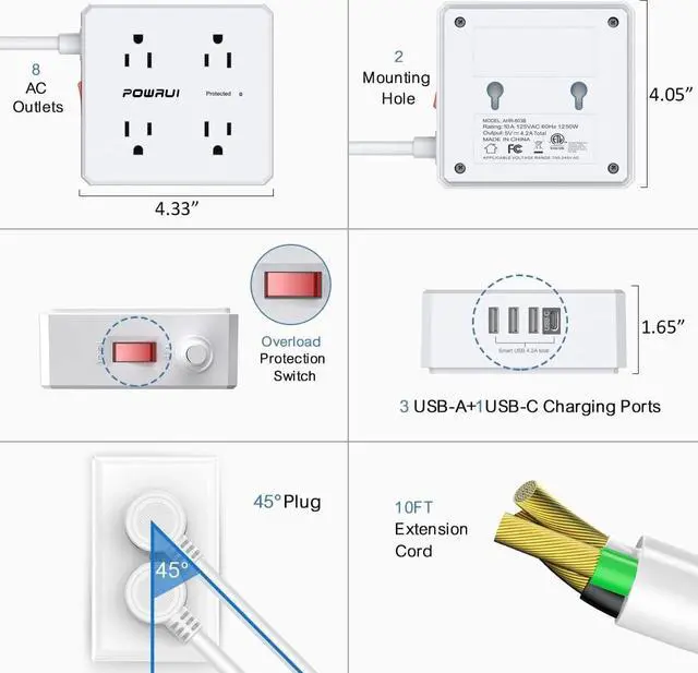 Alt view image 7 of 7 - 10Ft Surge Protector Power Strip - Flat Plug Extension Cord with 8 Widely Outlets and 4 USB Ports(1 USB C), 3 Side Outlet Extender for Home Office Dorm Room Essentials, WhiteETL Listed