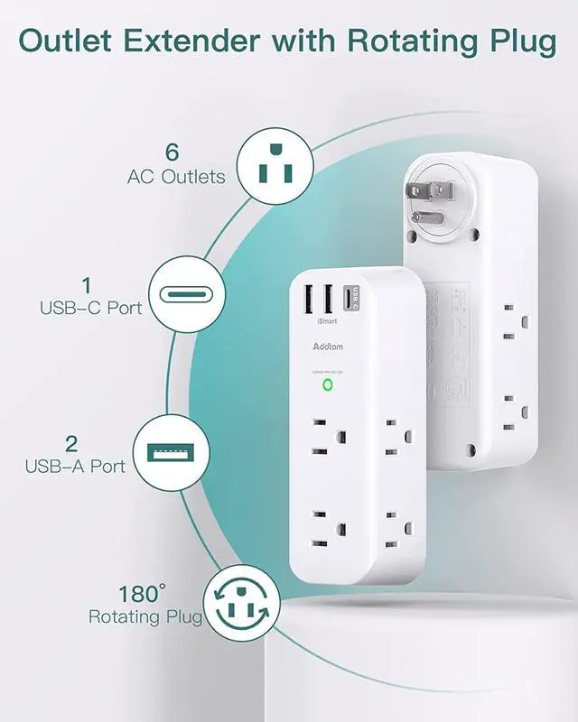 Alt view image 2 of 7 - Surge Protector - Outlet Extender with Rotating and Multi Plug with 6 AC 3 USB Ports (1 USB C), 3-Sided Power Strip with Wall Adapter Charger for Home Travel Office, ETL Listed (1800J)