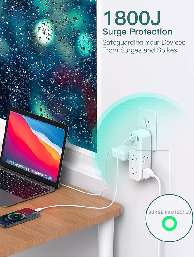 Alt view image 4 of 7 - Surge Protector - Outlet Extender with Rotating and Multi Plug with 6 AC 3 USB Ports (1 USB C), 3-Sided Power Strip with Wall Adapter Charger for Home Travel Office, ETL Listed (1800J)