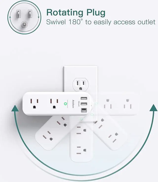 Alt view image 3 of 7 - Surge Protector - Outlet Extender with Rotating and Multi Plug with 6 AC 3 USB Ports (1 USB C), 3-Sided Power Strip with Wall Adapter Charger for Home Travel Office, ETL Listed (1800J)