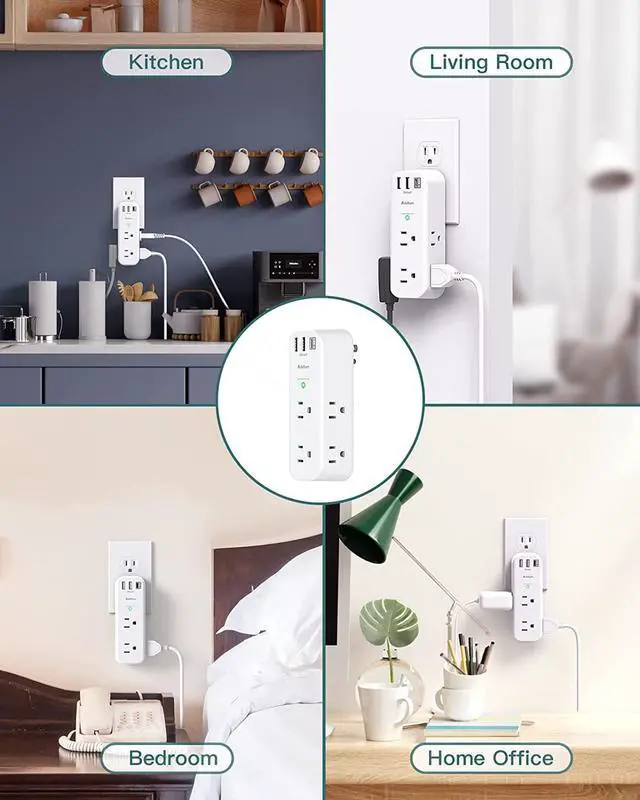 Alt view image 6 of 7 - Surge Protector - Outlet Extender with Rotating and Multi Plug with 6 AC 3 USB Ports (1 USB C), 3-Sided Power Strip with Wall Adapter Charger for Home Travel Office, ETL Listed (1800J)