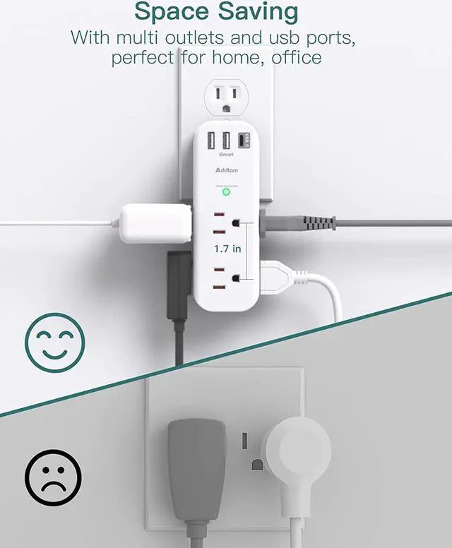 Alt view image 7 of 7 - Surge Protector - Outlet Extender with Rotating and Multi Plug with 6 AC 3 USB Ports (1 USB C), 3-Sided Power Strip with Wall Adapter Charger for Home Travel Office, ETL Listed (1800J)