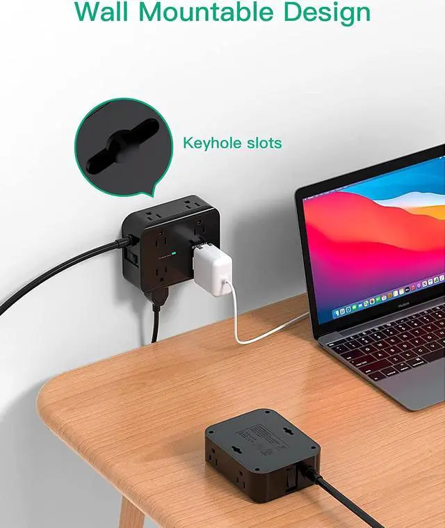 Alt view image 5 of 7 - Power Strip Surge Protector - Flat Plug, Wall Mount, 8 Wide Outlets with 4 USB Ports (2 USB C), 5FT Heavy Duty Extension Cord with Multiple Outlets, Charging Station Overload Protection for Home Dorm