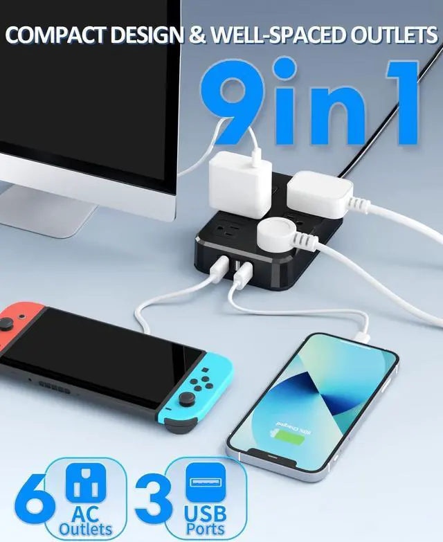 Alt view image 2 of 6 - Outdoor Power Strip Weatherproof, Waterproof Surge Protector with 6 Wide Outlet with 3 USB Ports, 10FT Extension Cord,1875W Overload Protection,Outlet Extender for Christmas Lights ETL Listed Black