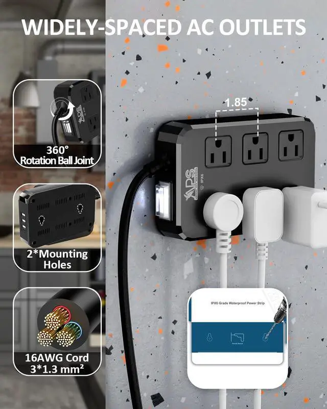 Alt view image 6 of 6 - Outdoor Power Strip Weatherproof, Waterproof Surge Protector with 6 Wide Outlet with 3 USB Ports, 10FT Extension Cord,1875W Overload Protection,Outlet Extender for Christmas Lights ETL Listed Black