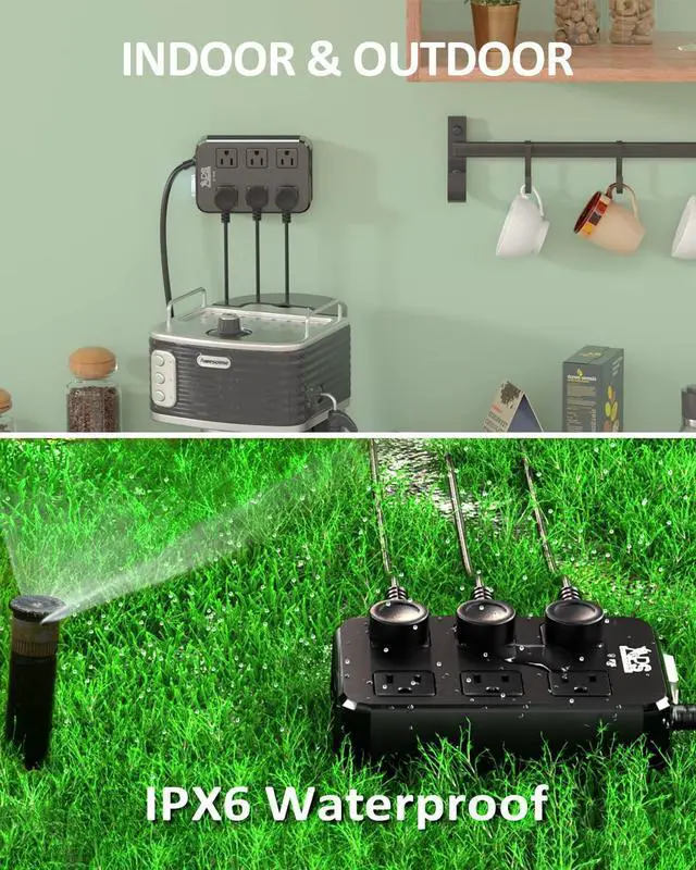 Alt view image 4 of 6 - Outdoor Power Strip Weatherproof, Waterproof Surge Protector with 6 Wide Outlet with 3 USB Ports, 10FT Extension Cord,1875W Overload Protection,Outlet Extender for Christmas Lights ETL Listed Black