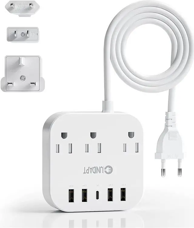 Main image of European Plug Adapter US to UK Europe Power Strip for EU/UK/US with USB C and 4 USB Ports 3 AC Outlets Wall Mountable 5ft Extension Cord for Travel Cruise Ship Home