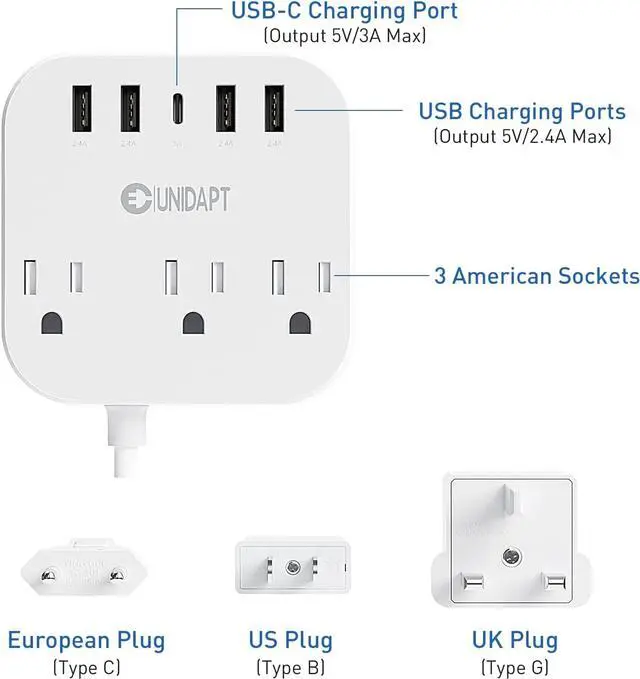 Alt view image 2 of 6 - European Plug Adapter US to UK Europe Power Strip for EU/UK/US with USB C and 4 USB Ports 3 AC Outlets Wall Mountable 5ft Extension Cord for Travel Cruise Ship Home