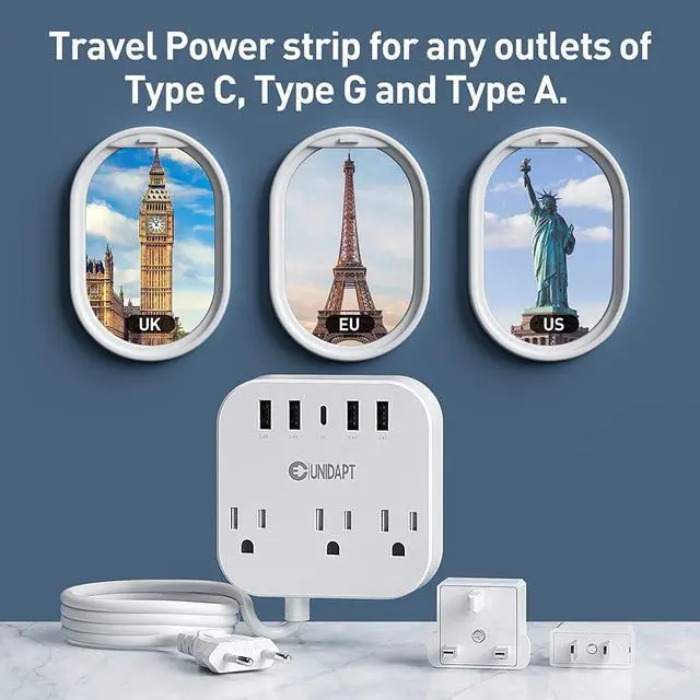 Alt view image 7 of 7 - European Plug Adapter, Unidapt US to UK Europe Power Strip for EU/UK/US with USB C and 4 USB Ports, 3 AC Outlets, Wall Mountable, 5ft Extension Cord, for Travel Cruise Ship Home