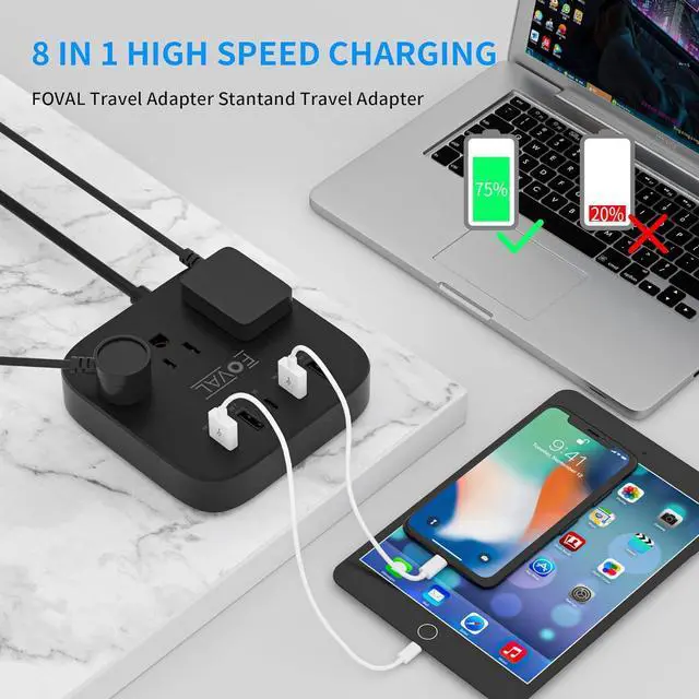 Alt view image 2 of 7 - European Travel Plug Adapter, FOVAL EU UK US Power Strip with USB C and 4 USB Ports, 3 AC Outlets, Wall Mountable, 5ft Extension Cord, Compact for Travel, Cruise Ship, Home Office (Black)