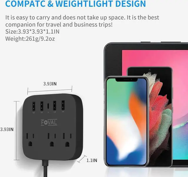 Alt view image 6 of 7 - European Travel Plug Adapter, FOVAL EU UK US Power Strip with USB C and 4 USB Ports, 3 AC Outlets, Wall Mountable, 5ft Extension Cord, Compact for Travel, Cruise Ship, Home Office (Black)