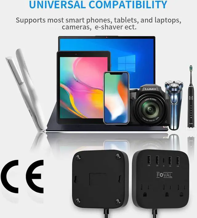 Alt view image 7 of 7 - European Travel Plug Adapter, FOVAL EU UK US Power Strip with USB C and 4 USB Ports, 3 AC Outlets, Wall Mountable, 5ft Extension Cord, Compact for Travel, Cruise Ship, Home Office (Black)