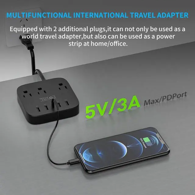 Alt view image 5 of 7 - European Travel Plug Adapter, FOVAL EU UK US Power Strip with USB C and 4 USB Ports, 3 AC Outlets, Wall Mountable, 5ft Extension Cord, Compact for Travel, Cruise Ship, Home Office (Black)