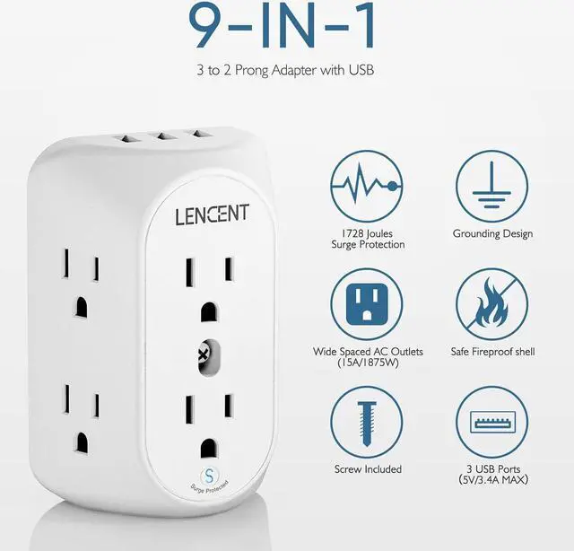 Alt view image 2 of 7 - LENCENT 2 Prong Power Strip with 3 USB, 3 to 2 Prong Grounding Outlet Adapter, Polarized Plug, Surge Protector, 3-Sided 6 Outlet Widely Spaced Extender, Mountable Wall tap for Non-Grounded Outlets