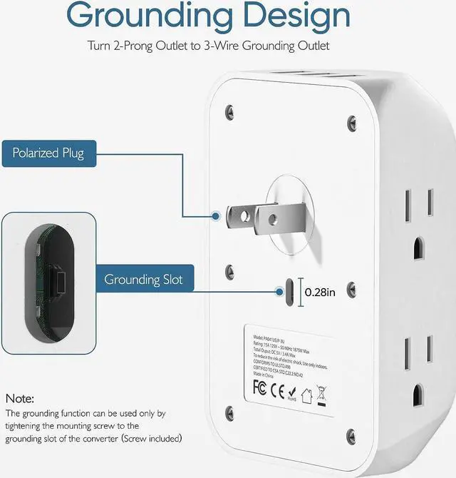 Alt view image 4 of 7 - LENCENT 2 Prong Power Strip with 3 USB, 3 to 2 Prong Grounding Outlet Adapter, Polarized Plug, Surge Protector, 3-Sided 6 Outlet Widely Spaced Extender, Mountable Wall tap for Non-Grounded Outlets