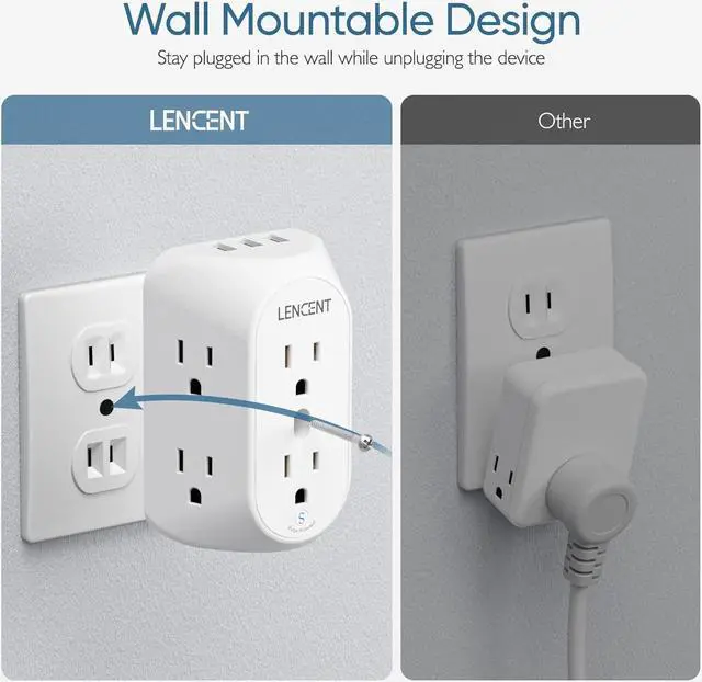 Alt view image 5 of 7 - LENCENT 2 Prong Power Strip with 3 USB, 3 to 2 Prong Grounding Outlet Adapter, Polarized Plug, Surge Protector, 3-Sided 6 Outlet Widely Spaced Extender, Mountable Wall tap for Non-Grounded Outlets