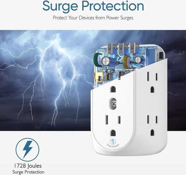 Alt view image 6 of 7 - LENCENT 2 Prong Power Strip with 3 USB, 3 to 2 Prong Grounding Outlet Adapter, Polarized Plug, Surge Protector, 3-Sided 6 Outlet Widely Spaced Extender, Mountable Wall tap for Non-Grounded Outlets