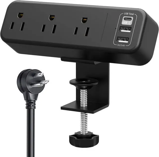 Main image of Desk Clamp Power Strip with USB C, 3 Outlet Desktop Mount Power Station Removable Clamp Socket with 6.5 ft Extension Cord, Fit 1.7 inch Tabletop Edge