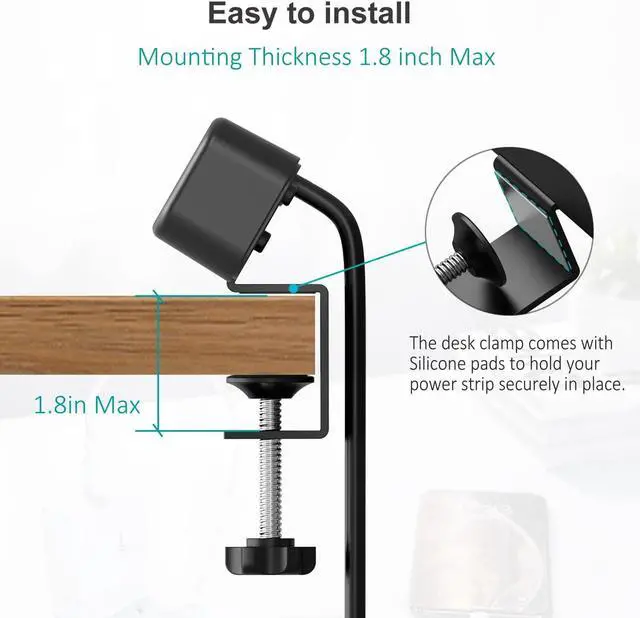 Alt view image 5 of 7 - Desk Clamp Power Strip with USB C, 3 Outlet Desktop Mount Power Station Removable Clamp Socket with 6.5 ft Extension Cord, Fit 1.7 inch Tabletop Edge