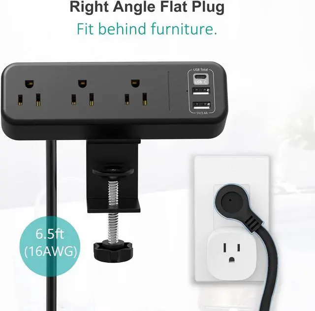 Alt view image 4 of 7 - Desk Clamp Power Strip with USB C, 3 Outlet Desktop Mount Power Station Removable Clamp Socket with 6.5 ft Extension Cord, Fit 1.7 inch Tabletop Edge