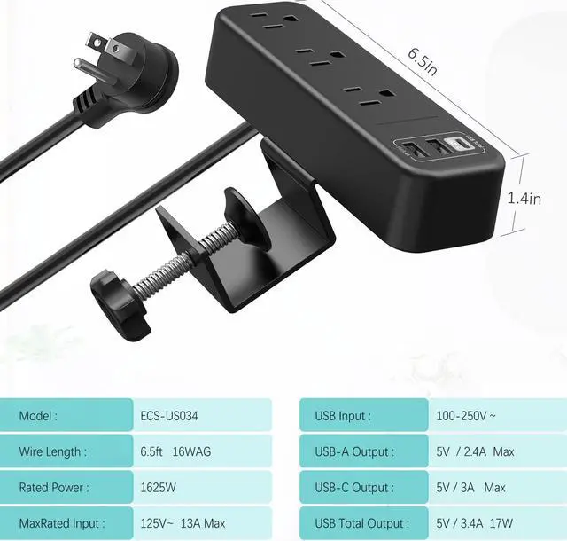 Alt view image 6 of 7 - Desk Clamp Power Strip with USB C, 3 Outlet Desktop Mount Power Station Removable Clamp Socket with 6.5 ft Extension Cord, Fit 1.7 inch Tabletop Edge