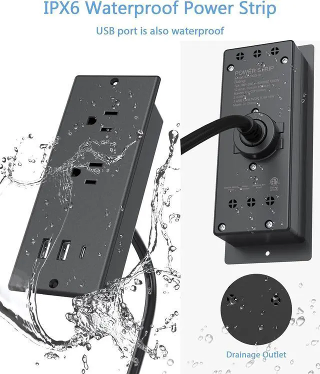 Alt view image 2 of 7 - Conference Recessed Power Strip Waterproof, with PD 20W USB C Fast Charging Port,2 Outlets,Furniture Recessed Power Outlet,Desk Power Strip Surge Protector,Drawer Outlet,Flat Plug,6ft Cable (Black)