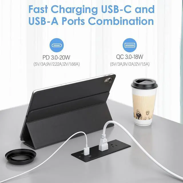 Alt view image 3 of 7 - Conference Recessed Power Strip Waterproof, with PD 20W USB C Fast Charging Port,2 Outlets,Furniture Recessed Power Outlet,Desk Power Strip Surge Protector,Drawer Outlet,Flat Plug,6ft Cable (Black)