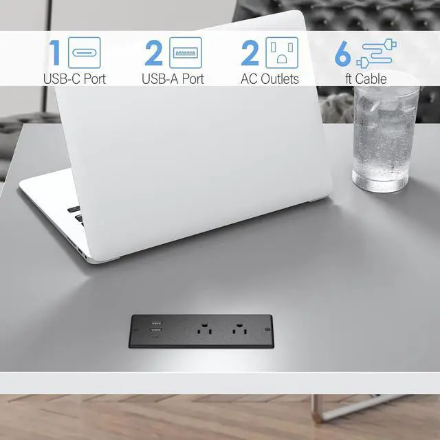 Alt view image 4 of 7 - Conference Recessed Power Strip Waterproof, with PD 20W USB C Fast Charging Port,2 Outlets,Furniture Recessed Power Outlet,Desk Power Strip Surge Protector,Drawer Outlet,Flat Plug,6ft Cable (Black)