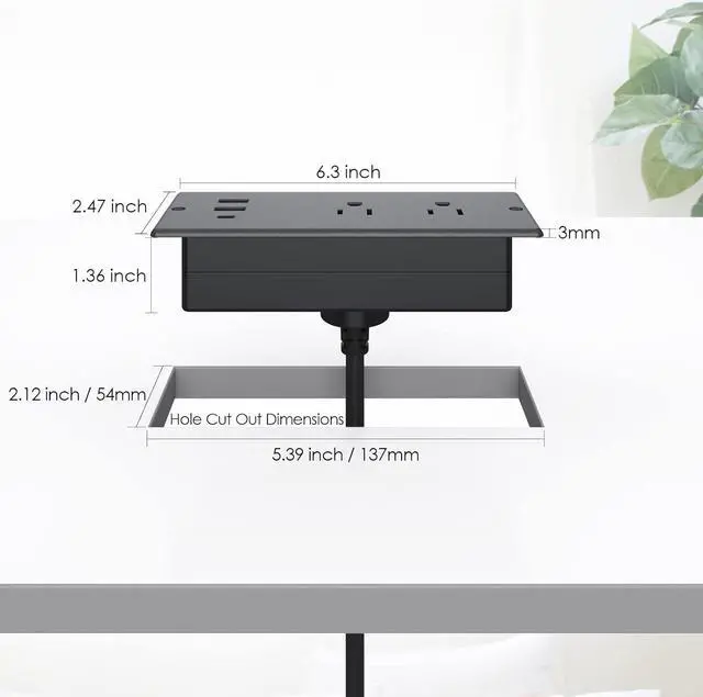 Alt view image 6 of 7 - Conference Recessed Power Strip Waterproof, with PD 20W USB C Fast Charging Port,2 Outlets,Furniture Recessed Power Outlet,Desk Power Strip Surge Protector,Drawer Outlet,Flat Plug,6ft Cable (Black)
