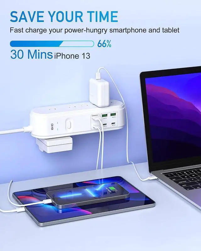 Alt view image 2 of 7 - Surge Protector Power Strip with PD 20W USB C, EHO Flat Plug 10FT Extension Cord with 10 Outlet Extender and 6 USB Ports, Overload Protection, Wall Mount for Dorm Home Office, 1875W/15A, 4500J