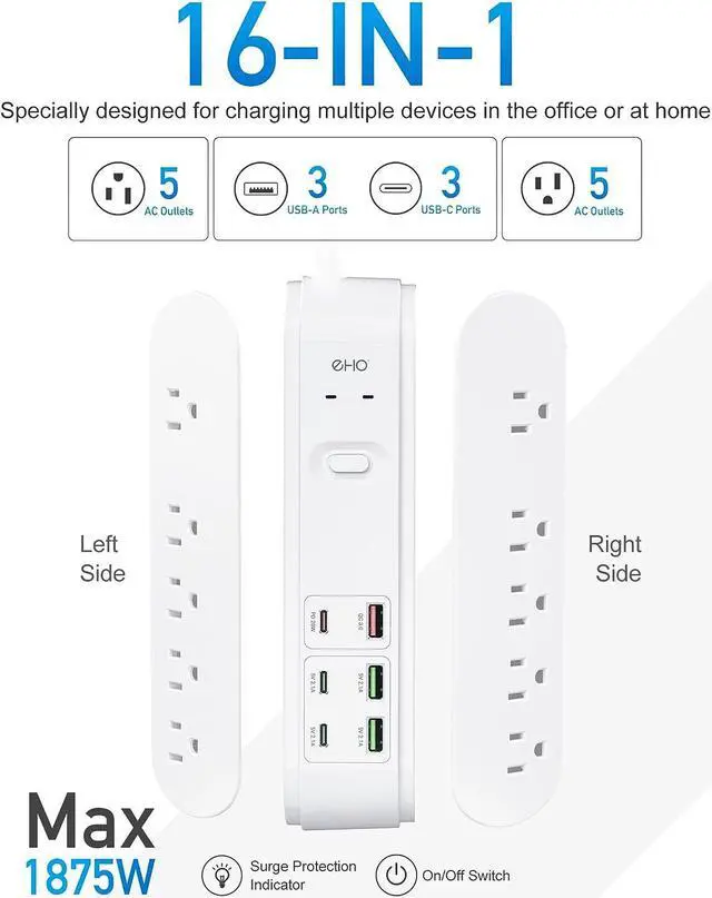 Alt view image 3 of 7 - Surge Protector Power Strip with PD 20W USB C, EHO Flat Plug 10FT Extension Cord with 10 Outlet Extender and 6 USB Ports, Overload Protection, Wall Mount for Dorm Home Office, 1875W/15A, 4500J