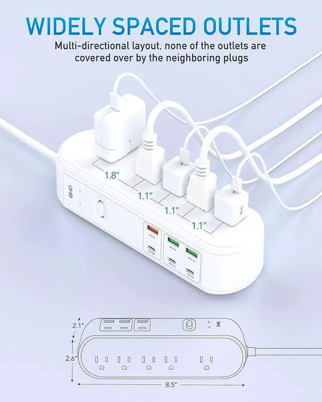 Alt view image 4 of 7 - Surge Protector Power Strip with PD 20W USB C, EHO Flat Plug 10FT Extension Cord with 10 Outlet Extender and 6 USB Ports, Overload Protection, Wall Mount for Dorm Home Office, 1875W/15A, 4500J