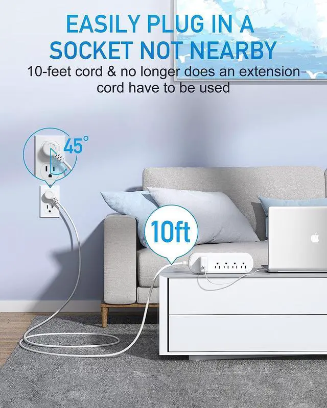 Alt view image 6 of 7 - Surge Protector Power Strip with PD 20W USB C, EHO Flat Plug 10FT Extension Cord with 10 Outlet Extender and 6 USB Ports, Overload Protection, Wall Mount for Dorm Home Office, 1875W/15A, 4500J