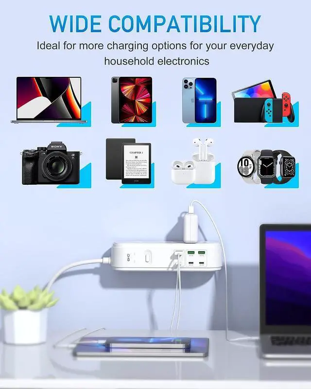 Alt view image 7 of 7 - Surge Protector Power Strip with PD 20W USB C, EHO Flat Plug 10FT Extension Cord with 10 Outlet Extender and 6 USB Ports, Overload Protection, Wall Mount for Dorm Home Office, 1875W/15A, 4500J